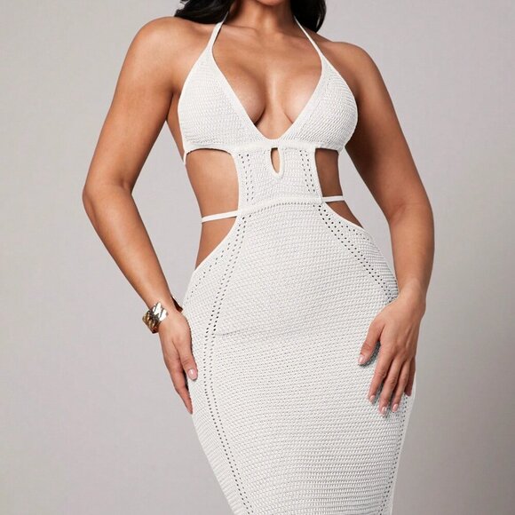 White Boho Crochet Deep V-Neck Hollow Slit Mid-Length Women's Cover Up Dress - Picture 6 of 8